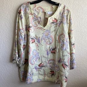 J Jill linen blouse with keyhole back and drawstring sleeve detail